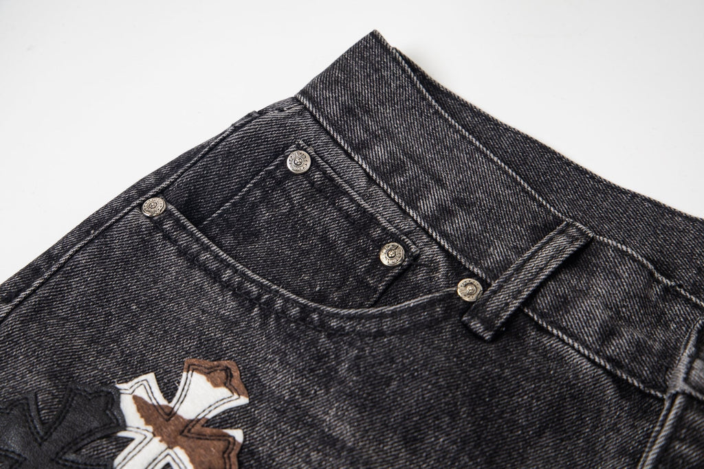 Chrome Hearts Multi Cross Patch Denim Jeans - Grey Gothic Street Pants 1111