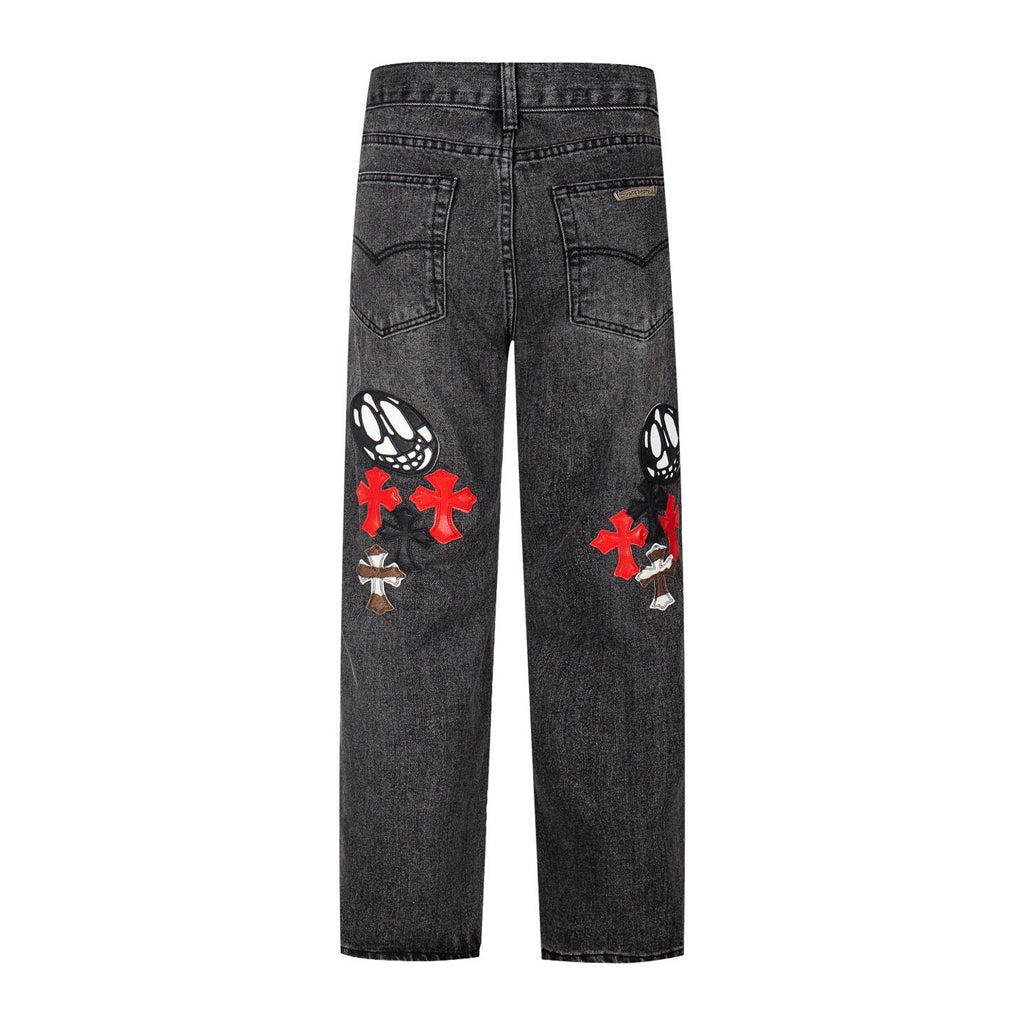 Chrome Hearts Multi Cross Patch Denim Jeans - Grey Gothic Street Pants 1111